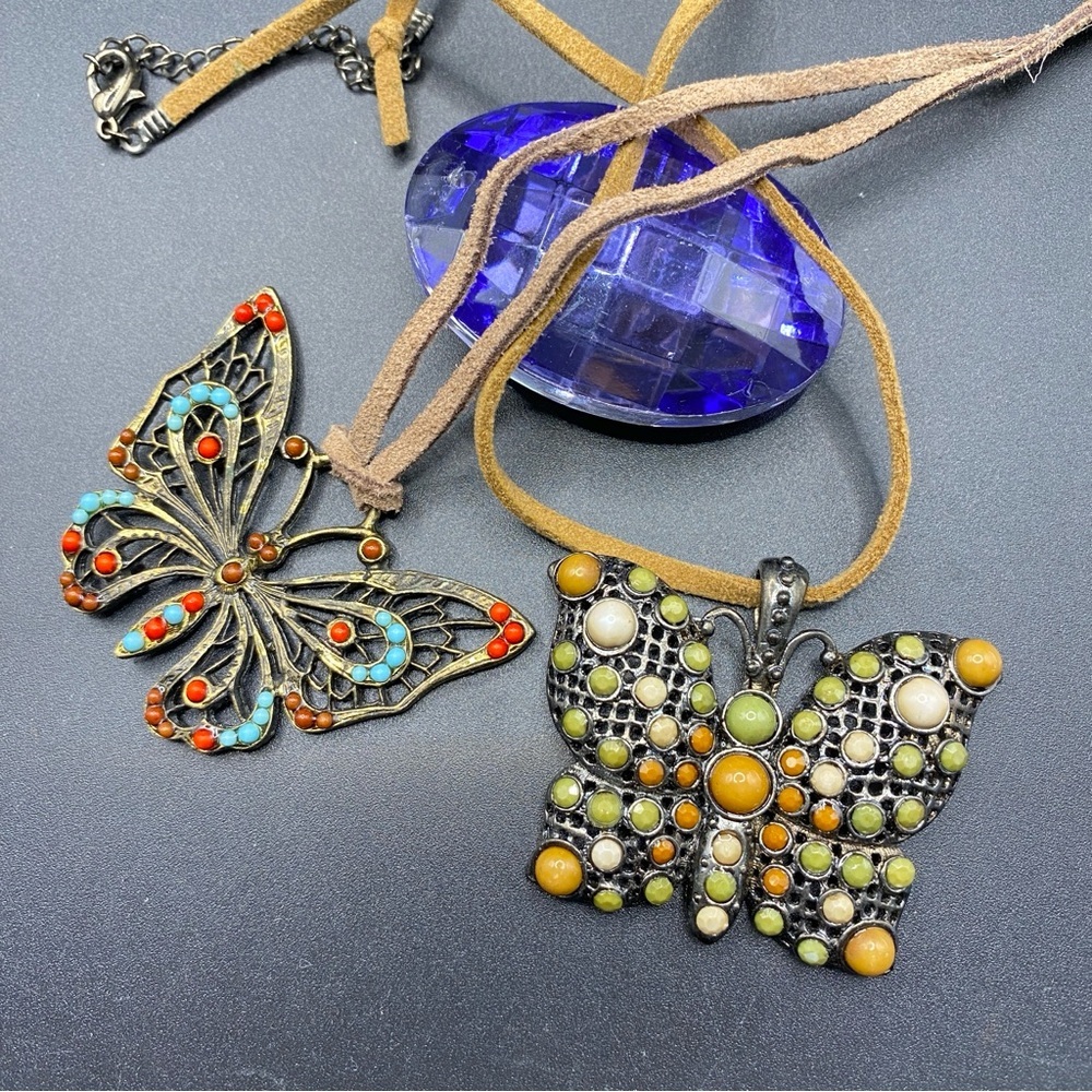 Boho Butterfly Pendants Pair Of Two On Leather Cording Necklaces